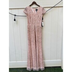 Adrianna Papell Blush Long Beaded Sequin V Neck Cap Sleeve Evening Gown Size 2
